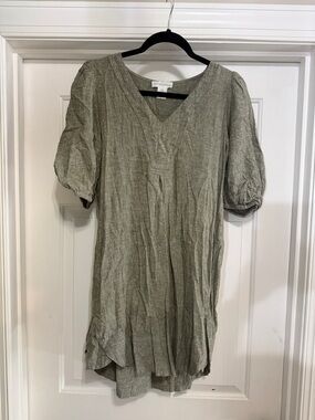 Cynthia Rowley Olive V-Neck Linen-Blend Tunic with Puff Sleeves